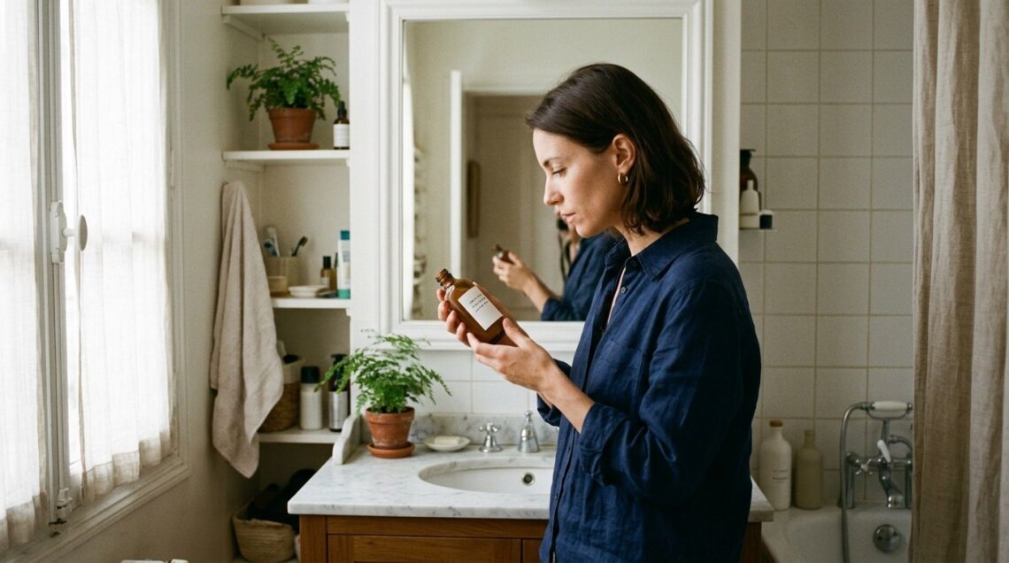 Une femme lit attentivement l'étiquette d'un flacon de crème devant sa salle de bain