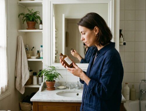 Une femme lit attentivement l'étiquette d'un flacon de crème devant sa salle de bain