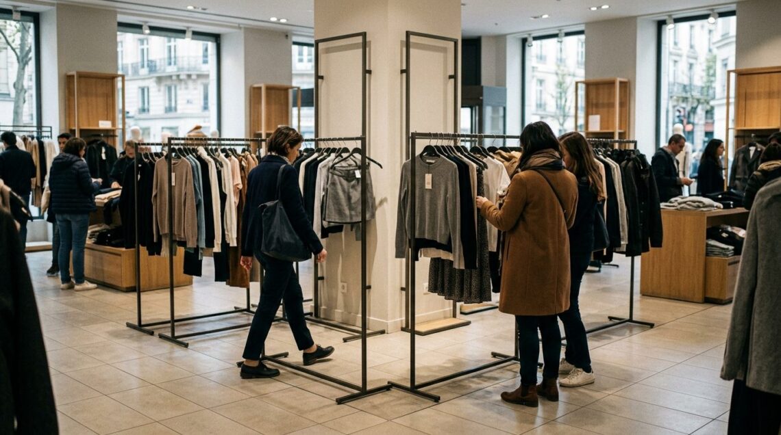 Une vitrine du BHV Marais avec le corner Shein visiblement dégarni, quelques clientes regardant les portants clairsemés