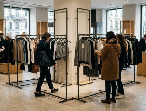 Une vitrine du BHV Marais avec le corner Shein visiblement dégarni, quelques clientes regardant les portants clairsemés