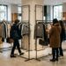 Une vitrine du BHV Marais avec le corner Shein visiblement dégarni, quelques clientes regardant les portants clairsemés