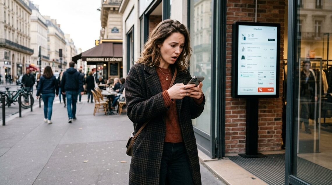 Une femme regarde son téléphone, surprise, devant un écran de checkout Shein affichant une ligne de taxe supplémentaire sur