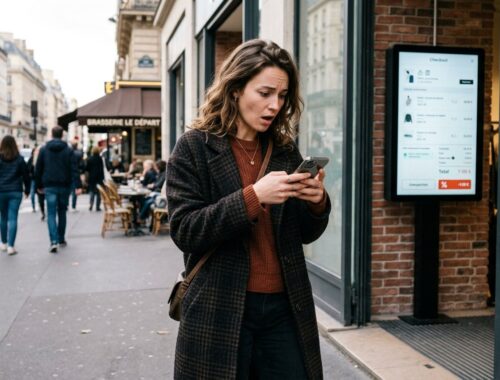 Une femme regarde son téléphone, surprise, devant un écran de checkout Shein affichant une ligne de taxe supplémentaire sur