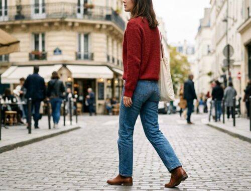 Une scène illustrant : Le pull rouge s’impose comme la pièce phare de la rentrée 2026 (avec jean droit)