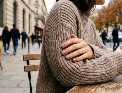 Une main aux ongles satinés beige-rosé posée sur un pull en laine côtelée, lumière naturelle d'automne
