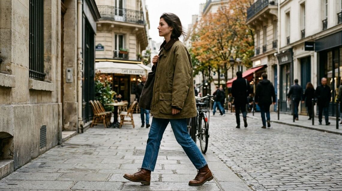 Une femme porte une barn jacket kaki boxy avec col côtelé, par-dessus un jean droit et des bottines, dans une rue de ville