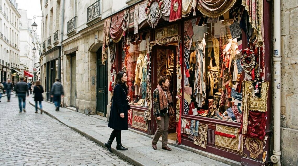 Une devanture de boutique éphémère dans une rue pavée du Marais, vitrine habillée aux couleurs de la collection Zara x John