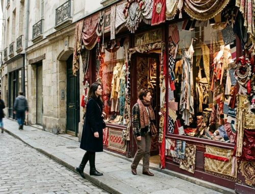 Une devanture de boutique éphémère dans une rue pavée du Marais, vitrine habillée aux couleurs de la collection Zara x John